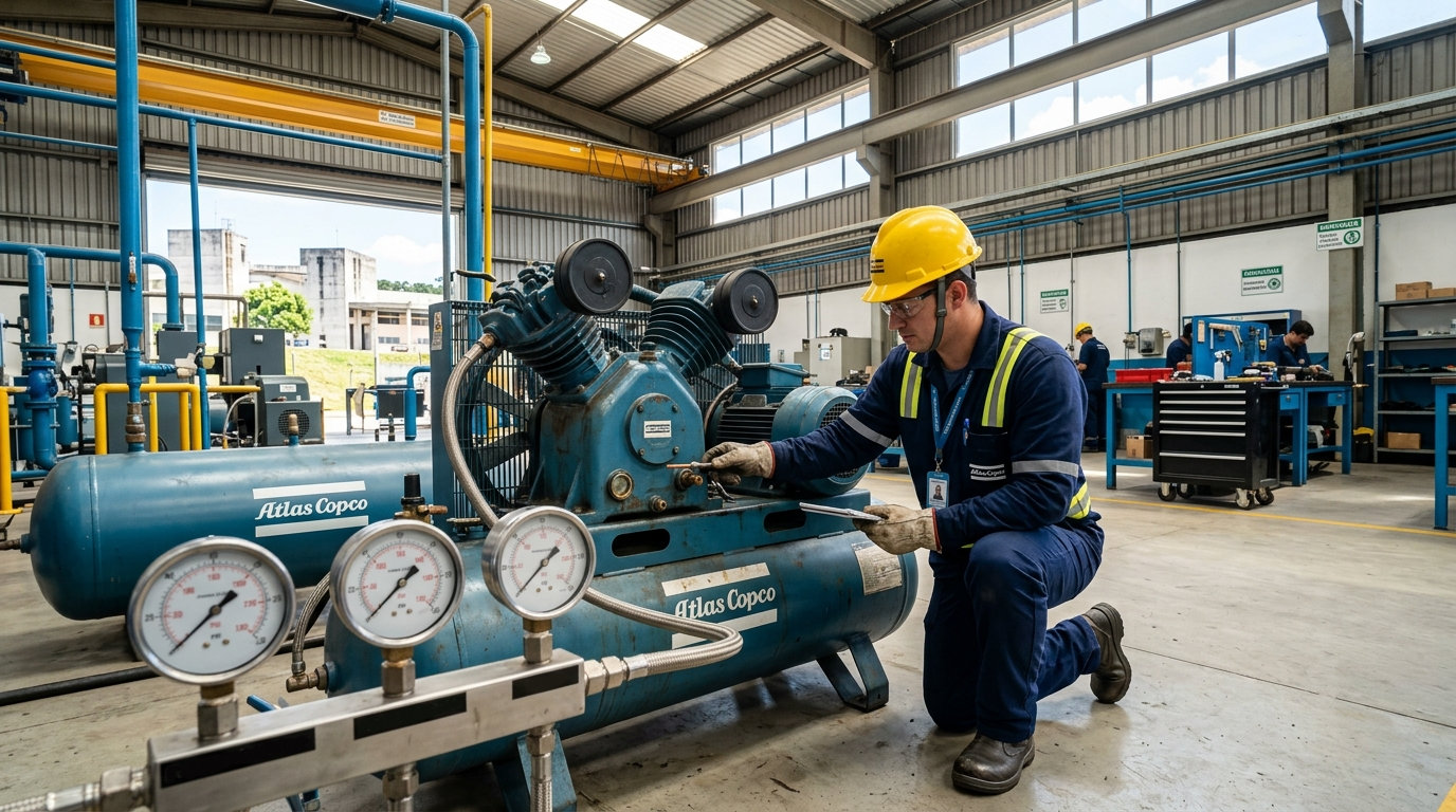 Inspeção técnica em compressor industrial alternativo